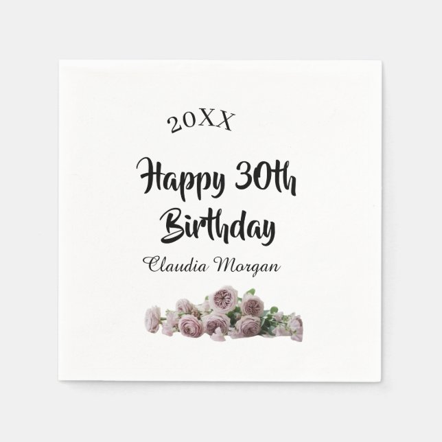 Serviette En Papier Happy 30th birthday pink white mauve floral name y (Devant)
