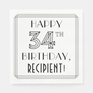Serviette En Papier HAPPY 34E ANNIVERSAIRE ; Style Art Déco ; Nom pers