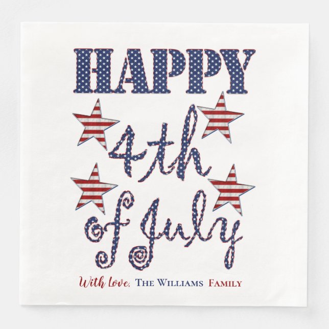 Serviette En Papier Happy 4 juillet Stars and Stripes Typographie (Devant)
