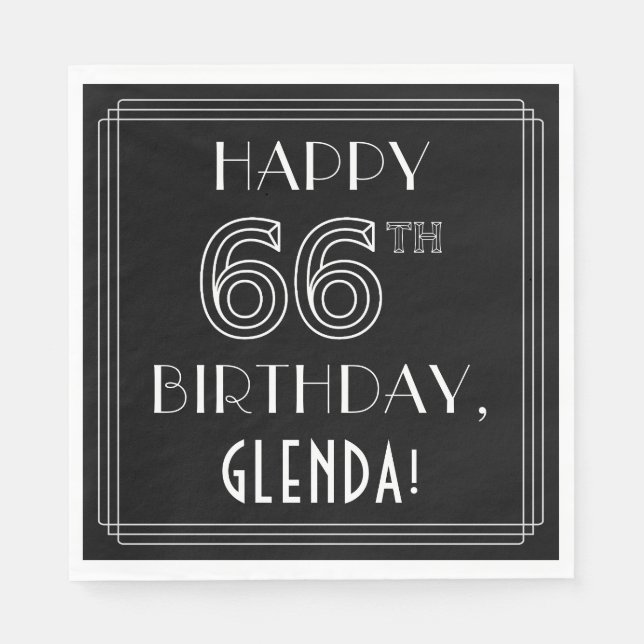 Serviette En Papier HAPPY 66E ANNIVERSAIRE ; Style Art Déco ; Nom pers (Devant)