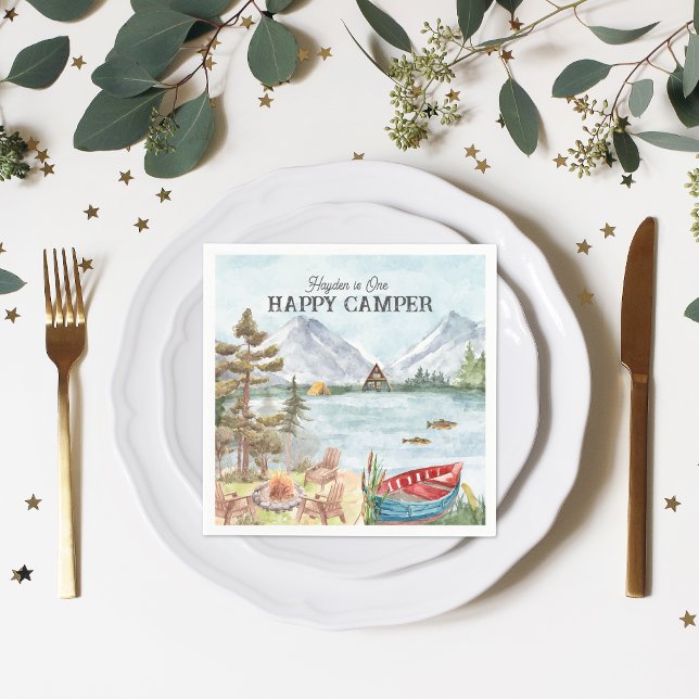 Serviette En Papier Happy Camper | Camping fête d'anniversaire (Créateur téléchargé)