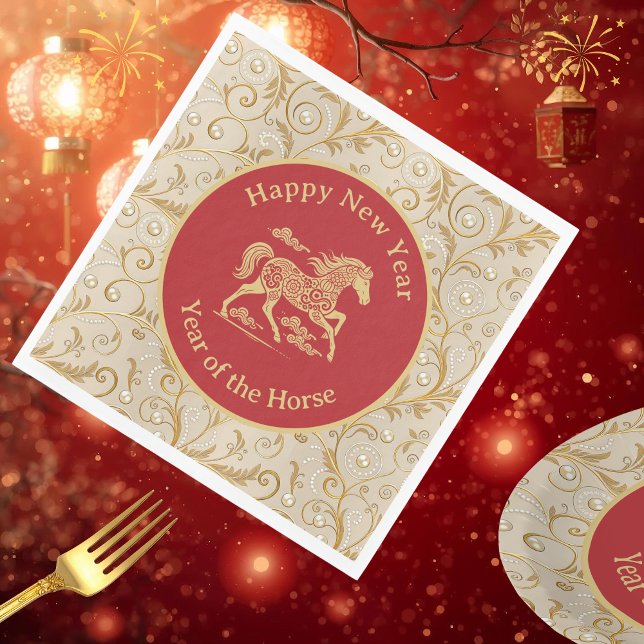 Serviette En Papier Happy Chinese New Year of Horse Elegant Gold Red  (Créateur téléchargé)