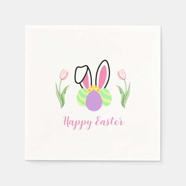 Serviette En Papier Happy Easter Bunny Ears Eggs and Pink Tulips (Devant)