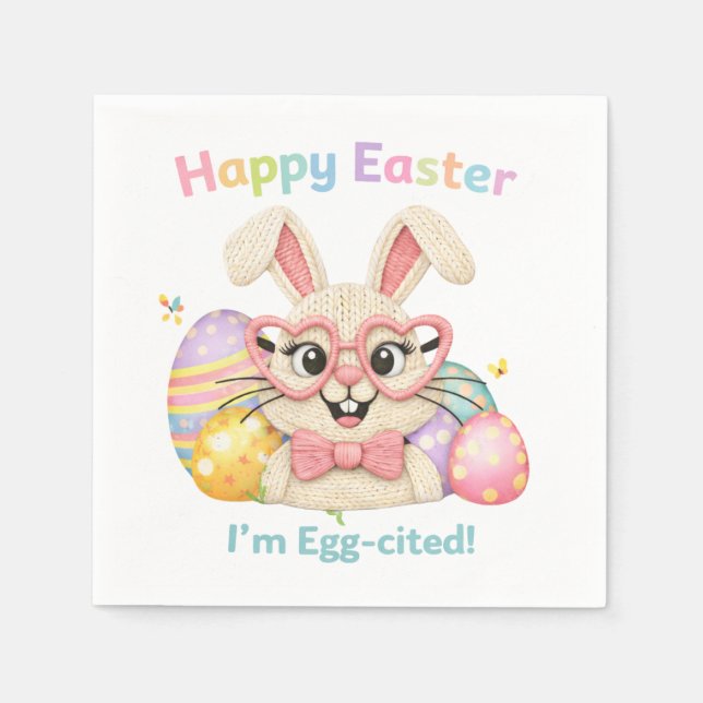 Serviette En Papier Happy Easter I'm Egg-cited Bunny  (Devant)