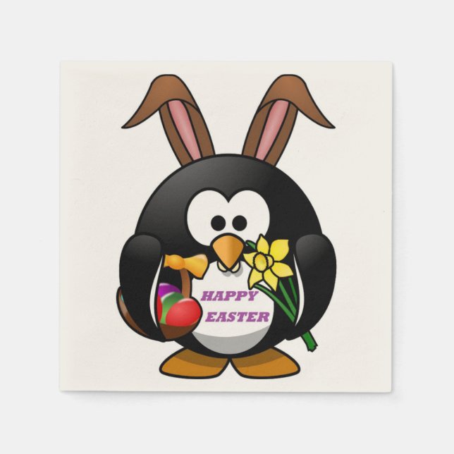 SERVIETTE EN PAPIER "HAPPY EASTER" PENGUIN BUNNY (Devant)