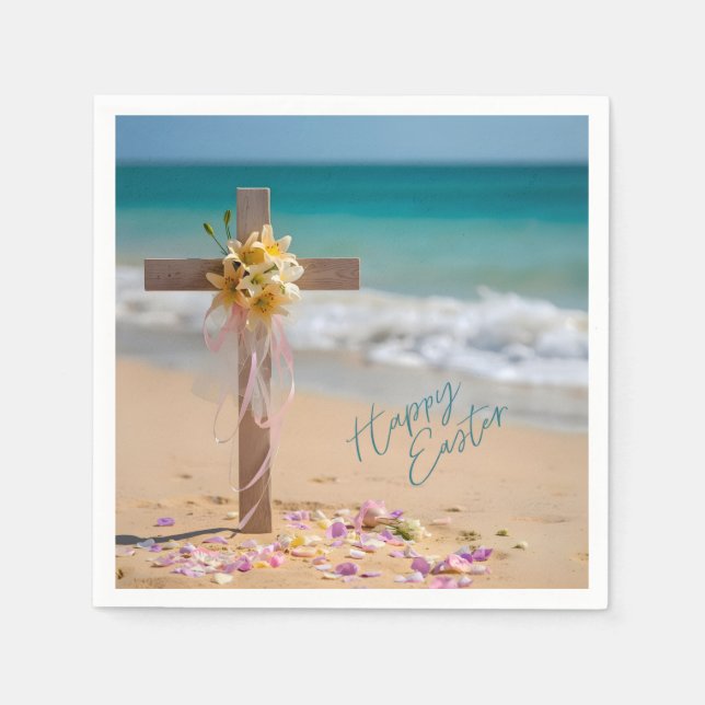 Serviette En Papier Happy Easter Wooden Cross and Lilies on Beach (Devant)