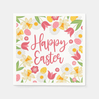 Serviette En Papier Happy Easter | Yellow and Red Floral 