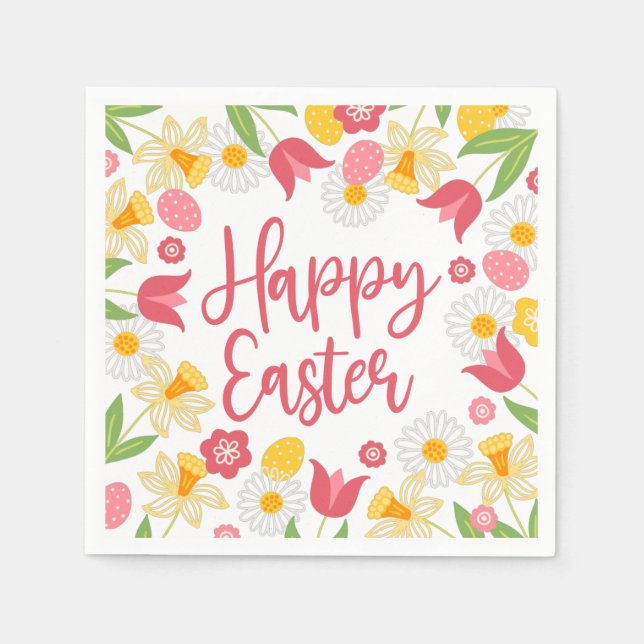 Serviette En Papier Happy Easter | Yellow and Red Floral  (Devant)