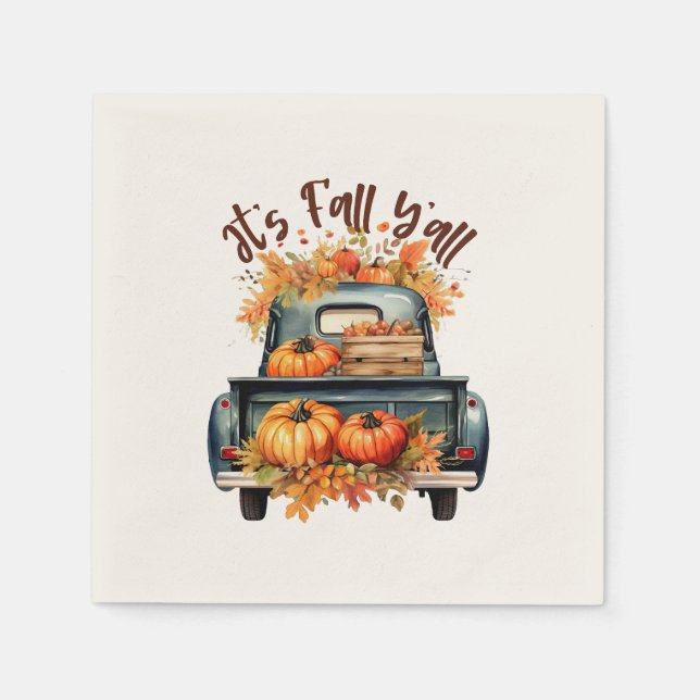 Serviette En Papier Happy Fall Y'all - Camion rustique avec Citrouille (Devant)