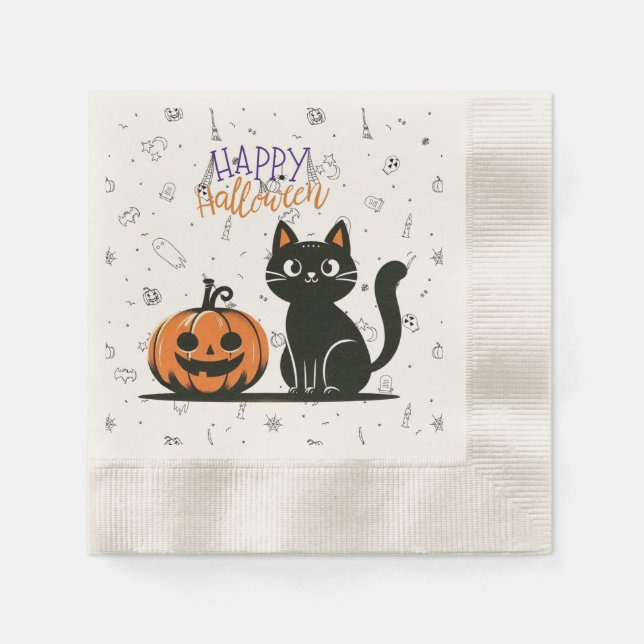 Serviette En Papier Happy Halloween chat et citrouille (Devant)