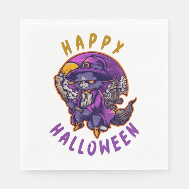 Serviette En Papier Happy Halloween Chat sorcier Halloween (Devant)
