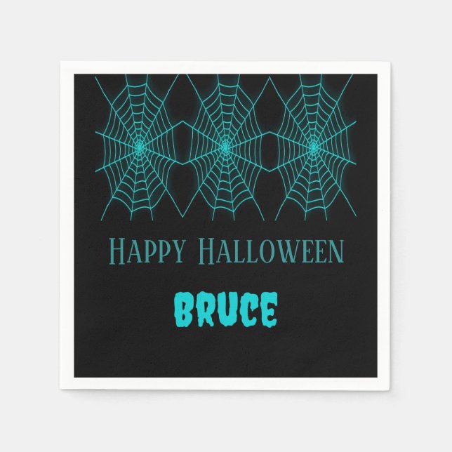 Serviette En Papier Happy Halloween neon bleu spiderweb noir (Devant)