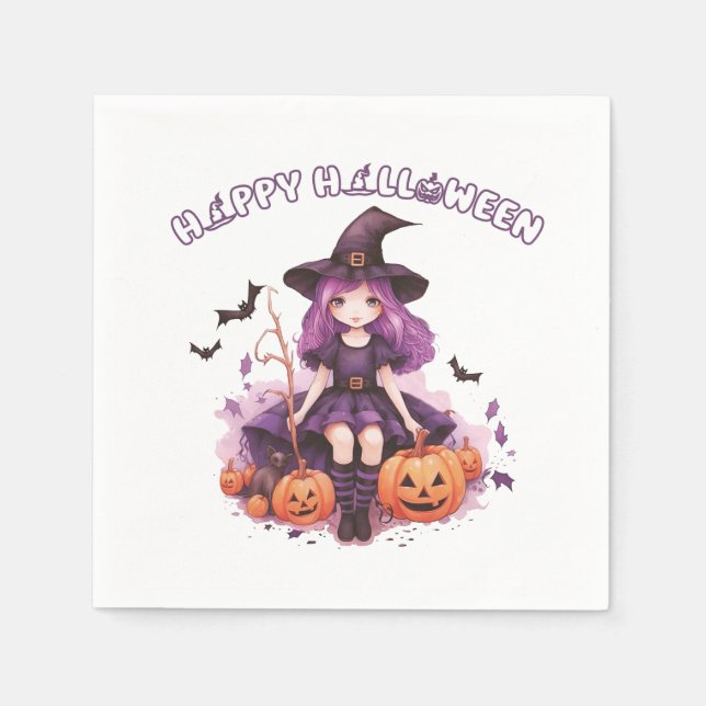 Serviette En Papier Happy Halloween violet sorcière Citrouilles et cha (Devant)