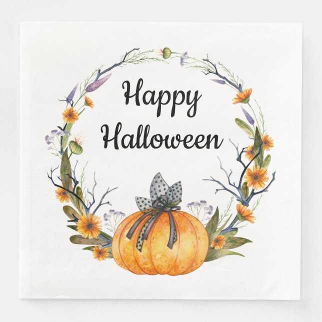 Serviette En Papier Happy Halloween Watercolor Citrouille Wreath (Devant)