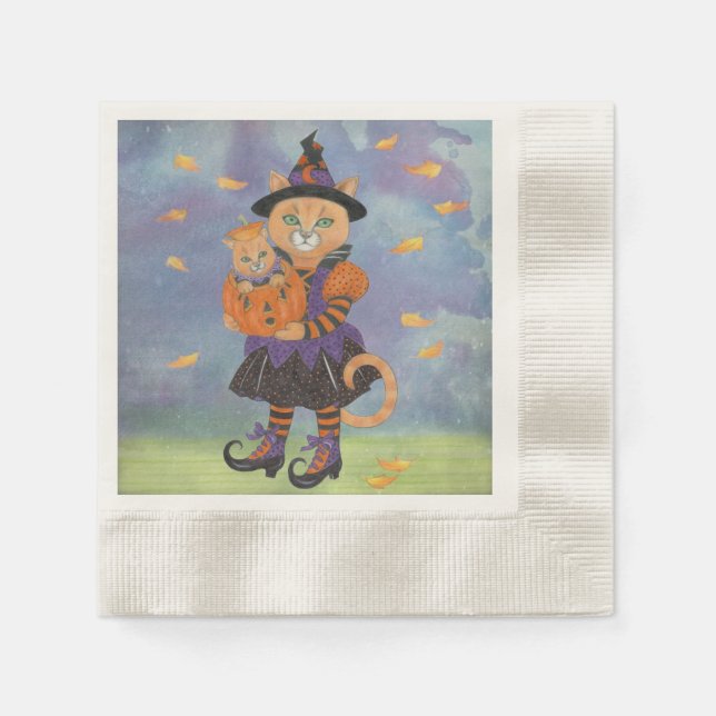 Serviette En Papier Happy Halloween Witch Chat et Citrouille Kitty (Devant)