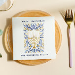 Serviette En Papier Happy Hanoukka Festive Aquarelle Menorah FOLIAGE<br><div class="desc">Ajoutez une touche personnelle à votre Hanoukka Table avec ces élégantes serviettes en papier floral avec de l'aquarelle Menorah ornée d'élégants feuillages de blé dans une palette sophistiquée d'or,  bleu clair,  et bleu marine avec deux lignes de texte personnalisé.</div>