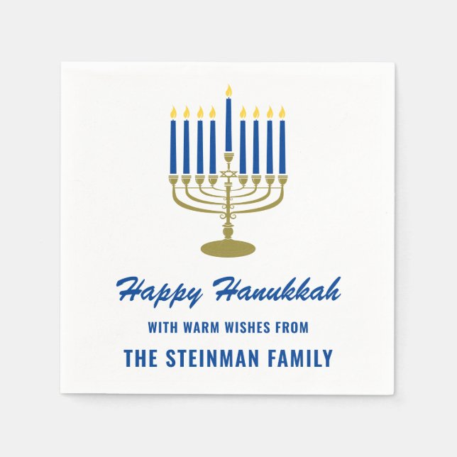 Serviette En Papier Happy Hanoukka Menorah White Blue Gold Nom de fami (Devant)