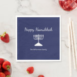 Serviette En Papier Happy Hanoukka Simple Menorah Blue<br><div class="desc">Happy Hanoukka Blue Holiday fêter la serviette,  avec une simple menorah blanche et une conception typographique script. Avec des lettres personnalisables en blanc,  vous pouvez ajouter vos propres informations. Une façon festive de célébrer avec des amis et des proches.</div>
