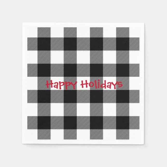 Serviette En Papier Happy Holiday buffle noir et blanc plaid (Devant)