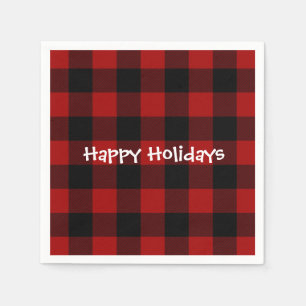 Serviette En Papier Happy Holiday buffle noir et rouge plaid
