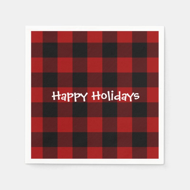 Serviette En Papier Happy Holiday buffle noir et rouge plaid (Devant)