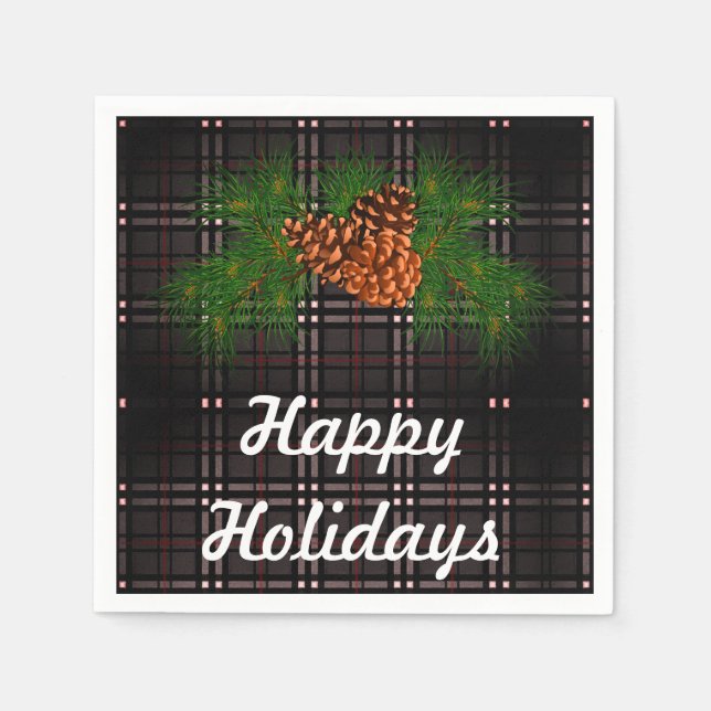 Serviette En Papier Happy Holiday - tartan gris avec détail de cône de (Devant)