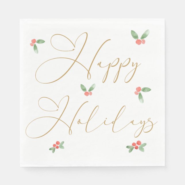 Serviette En Papier Happy Holidays Gold Calligraphy avec Holly Sprigs (Devant)