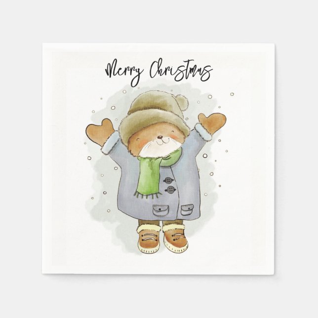 Serviette En Papier Happy Holidays Paper Napkins Cat Kitten Snow  (Devant)