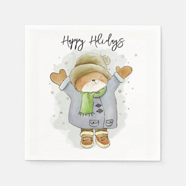 Serviette En Papier Happy Holidays Paper Napkins Cat Kitten Snow  (Devant)