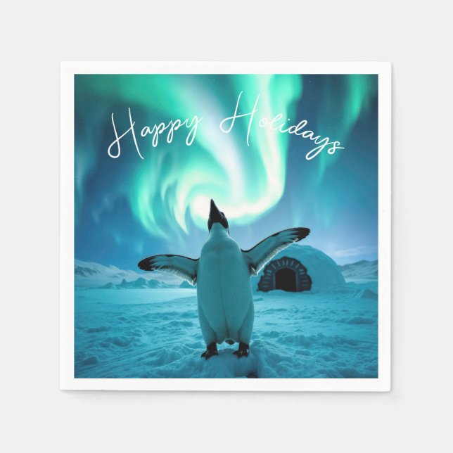 Serviette En Papier Happy Holidays Penguin Under Northern Lights (Devant)