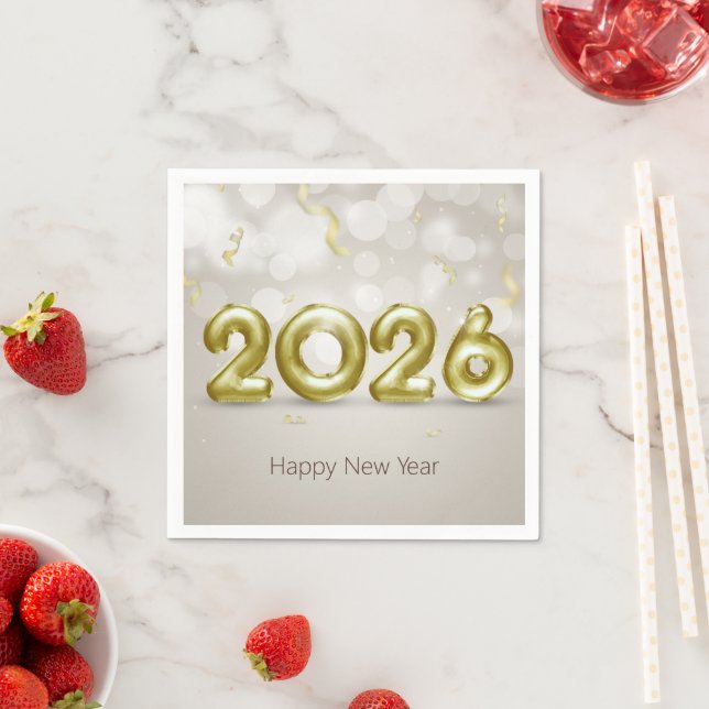 Serviette En Papier Happy New Year 2026 Elegant Gold Foil Balloons (En situation)