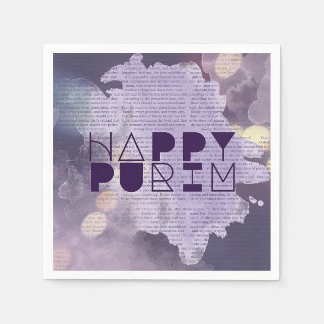 Serviette En Papier HAPPY PURIM en violet avec l'histoire d'Esther (Devant)
