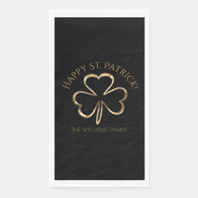 Serviette En Papier Happy St. Patrick Black and Gold Clover Shamrock (Devant)