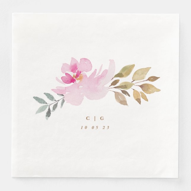 Serviette En Papier Happy Watercolor Florals Mariage Monogramme (Devant)