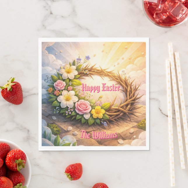 Serviette En Papier He Is Risen Religious Floral Crown Easter Napkins (En situation)