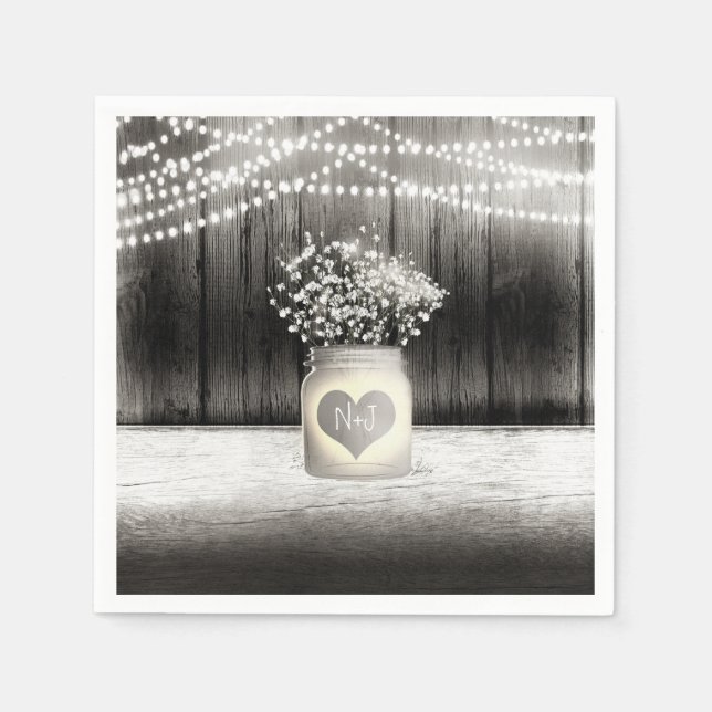 Serviette En Papier Heart Mason Jar & Baby's Breath Rustic Mariage (Devant)