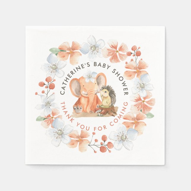 Serviette En Papier Hedgehog Elephant Merci Nom fille Baby shower (Devant)