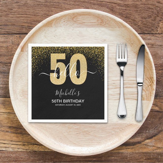 Serviette En Papier Hello 50! - Modern 50th Birthday with Gold glitter (Créateur téléchargé)