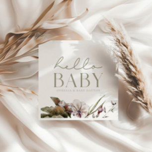 Serviette En Papier HELLO BABY   Sage minimaliste et Ivoire personnali