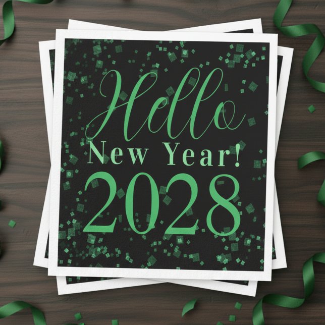 Serviette En Papier Hello New Year! New Year's Eve Green Black Sparkle (Créateur téléchargé)