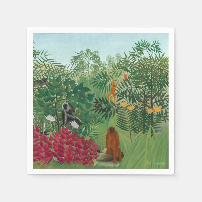 Serviette En Papier Henri Rousseau - Forêt tropicale avec singes (Devant)