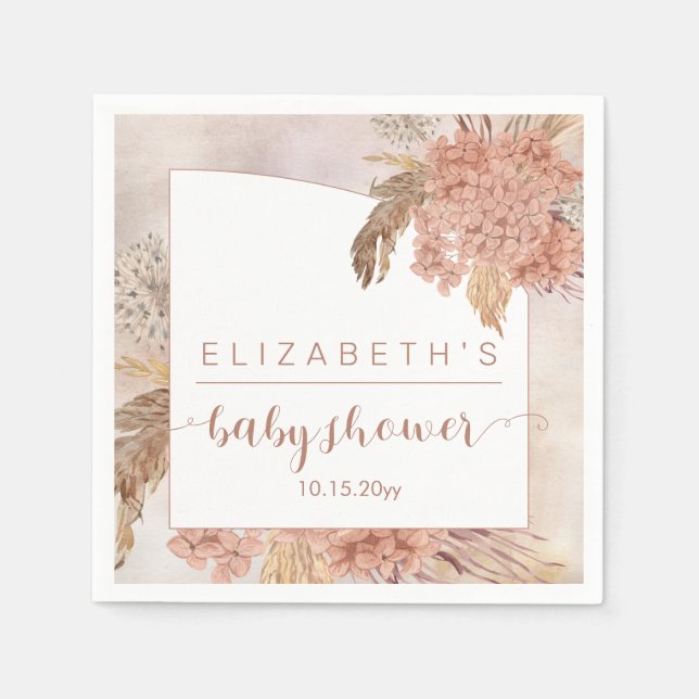 Serviette En Papier Herbe Boho Pampas | Baby shower fille Hydrangeas (Devant)