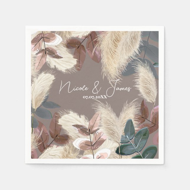 Serviette En Papier Herbe des Pampas & Feuilles Mariage Bohème Terreux (Devant)