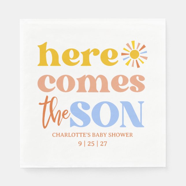 Serviette En Papier Here Comes The Son Boy Baby Shower (Devant)