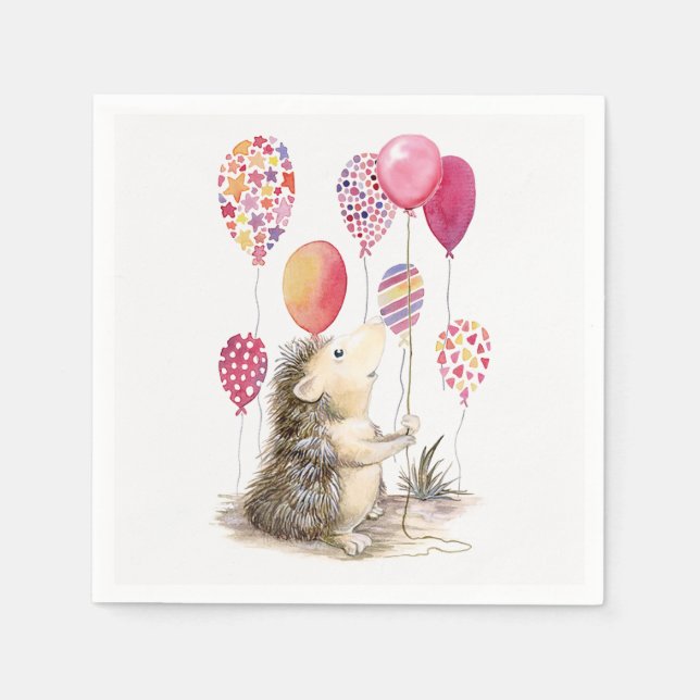 Serviette En Papier Hérisson avec ballons roses  (Devant)