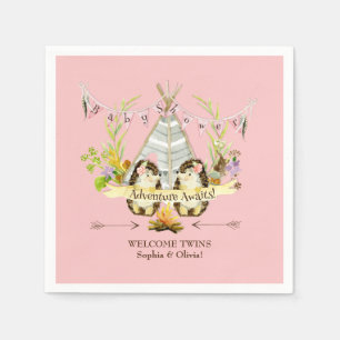 Serviette En Papier Hérisson de forêt Twin Girls Boho Baby shower rose