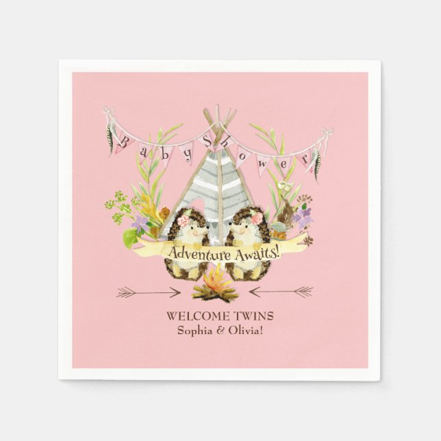 Serviette En Papier Hérisson de forêt Twin Girls Boho Baby shower rose (Devant)