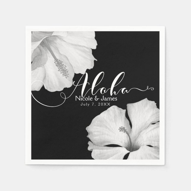 Serviette En Papier Hibiscus blanc Mariage tropical noir Aloha (Devant)