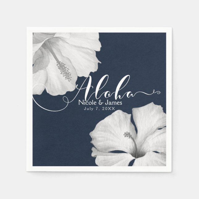 Serviette En Papier Hibiscus Blanc Tropical Bleu Mariage Aloha (Devant)