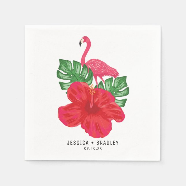Serviette En Papier Hibiscus & Flamant rose Tropical Mariage papier se (Devant)